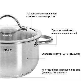 Кастрюля со стеклянной крышкой Fissman VALERY 18x9 см на 2,3 л (5412) Кастрюля со стеклянной крышкой Fissman VALERY 18x9 см на 2,3 л (5412)