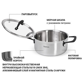 Каструля Fissman LOREN 18x8,5 см / 2 л зі скляною кришкою (5471) Каструля Fissman LOREN 18x8,5 см / 2 л зі скляною кришкою (5471)
