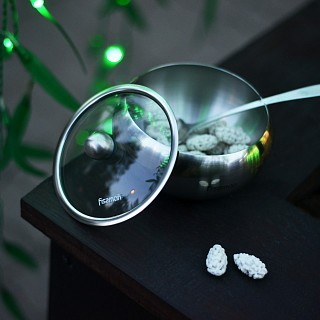 Сахарница Fissman 560 мл со стеклянной крышкой и ложкой нержавеющая сталь (5873)