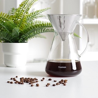 Кавник Fissman POUR OVER 900 мл. зі сталевим фільтром жаростійке скло (9083) Кавник Fissman POUR OVER 900 мл. зі сталевим фільтром жаростійке скло (9083)