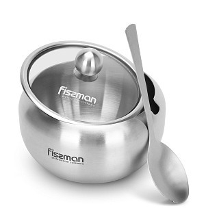 Сахарница 350 мл Fissman со стеклянной крышкой и ложкой нержавеющая сталь (5872)