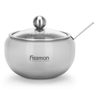 Цукорниця 350 мл Fissman зі скляною кришкою і ложкою нержавіюча сталь (5872)