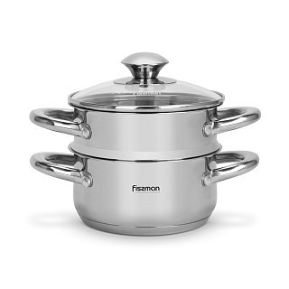 Каструля Fissman GULLIVER 14x7 см 1,1 л зі вставкою-пароваркою 14x6,5 см та скляною кришкою нержавіюча сталь (5428)