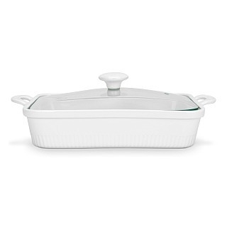 Прямоугольная форма для запекания Fissman 27х19х6 см / 1,6 л со стеклянной крышкой фарфор (14156)