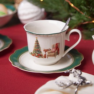 Набір з 2-х кухлів Fissman 250 мл CHRISTMAS EVE з блюдцями порцеляна (13760)