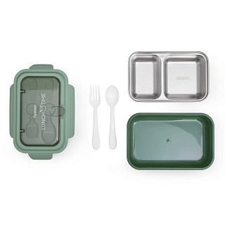 Ланч-бокс Fissman с двумя отделениями 20,5х13,5х7,8 см 800 мл, цвет зеленый нержавеющая сталь (16756)