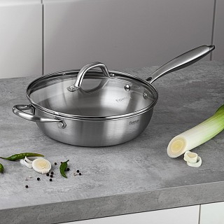 Сковорідка глибока Fissman AETERNUM 24x7 см зі скляною кришкою нержавіюча сталь (15106)