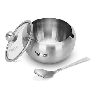 Сахарница 350 мл Fissman со стеклянной крышкой и ложкой нержавеющая сталь (5872)