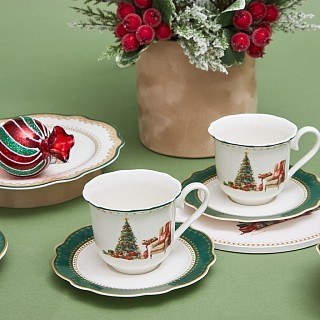 Набір з 2-х кухлів Fissman 250 мл CHRISTMAS EVE з блюдцями порцеляна (13760)